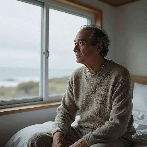 Photograph of elderly man with gray hair, wearing beige knit sweater, sitting by window, looking outside, soft natural light, calm expression.
