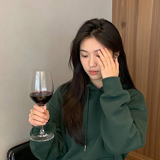 Asian Woman Holding Glass of Red Wine Indoors