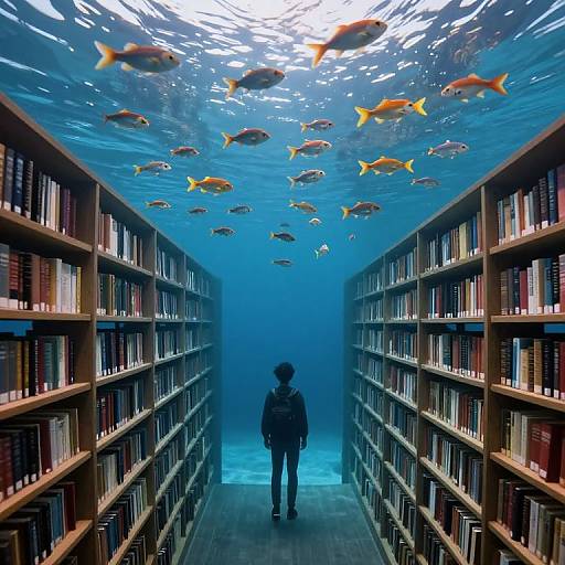Photograph of a person in a dark jacket walking down a library aisle with underwater-like blue ceiling, filled with colorful fish.