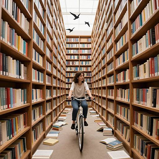 Photograph of a woman with shoulder-length brown hair, white shirt, and blue jeans, riding a bicycle through a narrow, wooden-shelved library