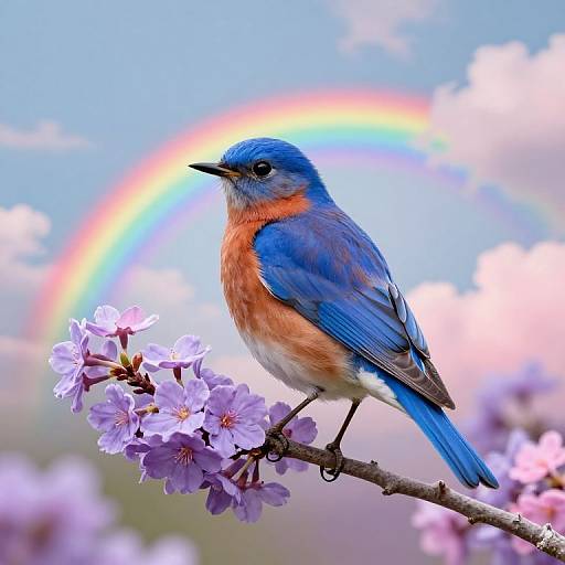 Photograph of a vibrant blue and orange bird perched on pink cherry blossoms, with a rainbow in the blurred background.