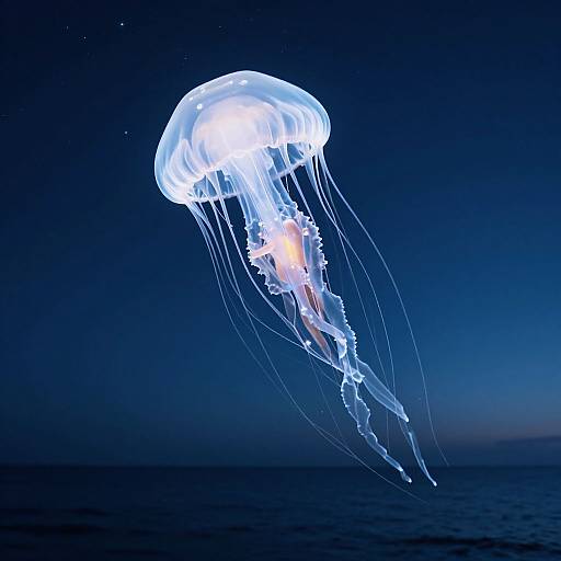 Photograph of a glowing, translucent jellyfish with long, flowing tentacles against a dark blue, night-time ocean background.