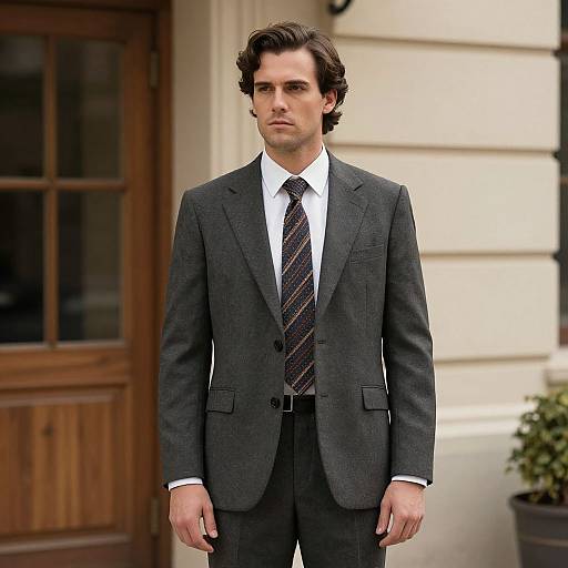 Photograph of a handsome man with wavy brown hair, wearing a dark gray suit, white shirt, and striped tie, standing in front of a