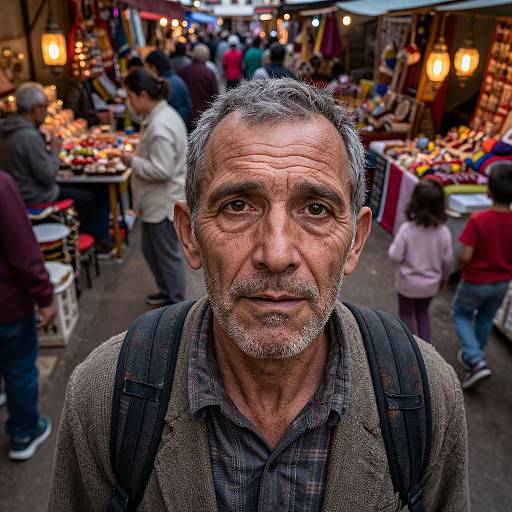 Photograph of an older, weathered man with gray hair and beard, wearing a plaid shirt and backpack, standing in a bustling, colorful outdoor