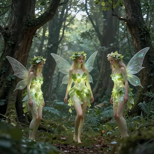 Photograph of three fairies with glowing green leaf dresses and transparent wings, wearing flower crowns, standing in a mystical forest.