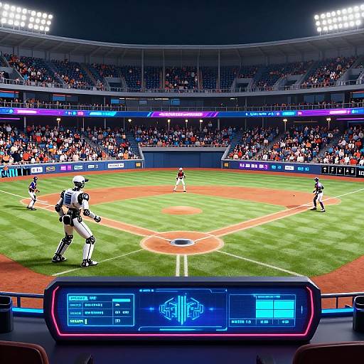 Vivid CGI baseball stadium scene with futuristic armor-clad player, bright lights, cheering crowd, digital scoreboard, and detailed green field.