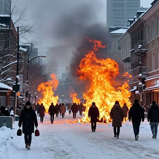 Photograph of a snowy urban street with people in winter clothes walking past large, bright orange and yellow flames with thick black smoke rising in the background.