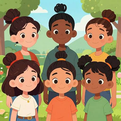 Digital illustration of six diverse children with different skin tones and hairstyles, standing in a sunny, green park background.