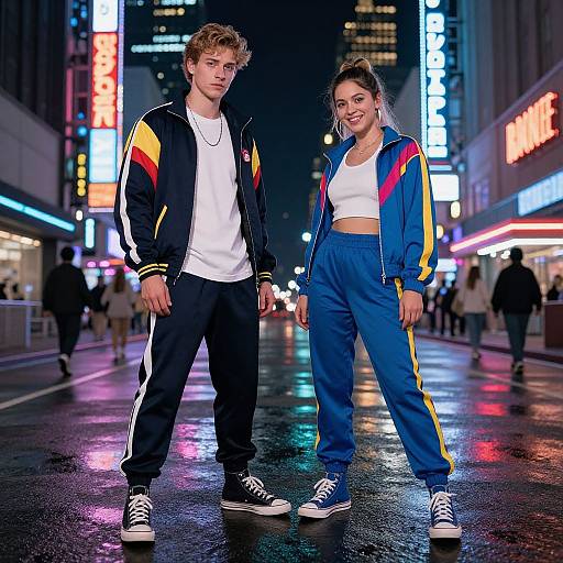Nighttime city street photograph of a young white couple in colorful track jackets and pants, standing on a wet, neon-lit sidewalk. She smiles,