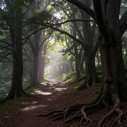 Sunlit Misty Forest Pathway