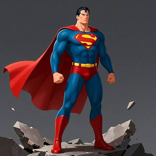 CGI Muscular Superman Standing on Broken Rocks