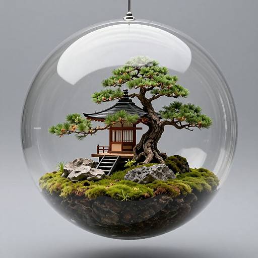 Photorealistic digital art of a miniature Japanese pagoda with a bonsai tree inside a clear glass sphere, surrounded by moss and rocks.