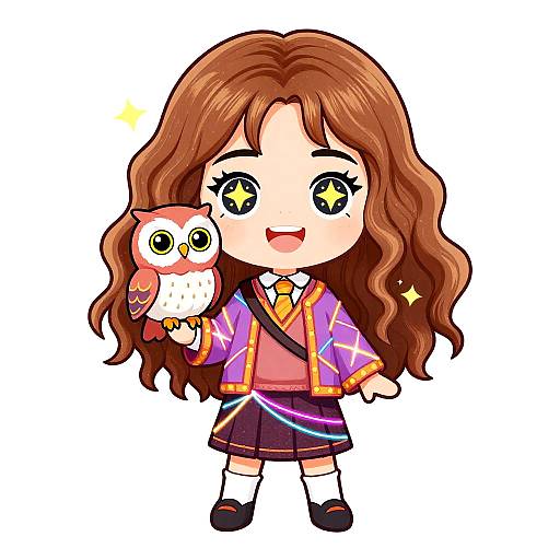 Chibi-style digital drawing of a cute girl with long brown hair, big yellow-star eyes, purple jacket, yellow tie, and holding a small owl