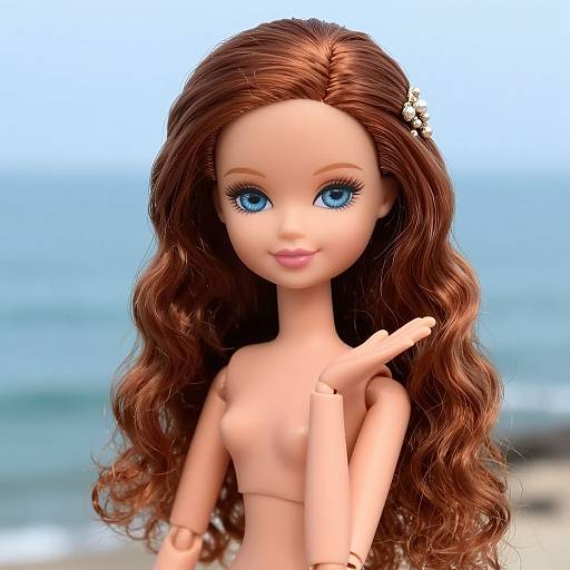 Photograph of a Barbie doll with long, wavy brown hair, blue eyes, and fair skin, standing on a beach with ocean background. She