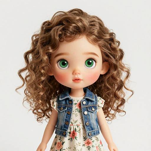Photorealistic doll with large green eyes, curly brown hair, wearing a denim vest over a floral dress, against a white background.