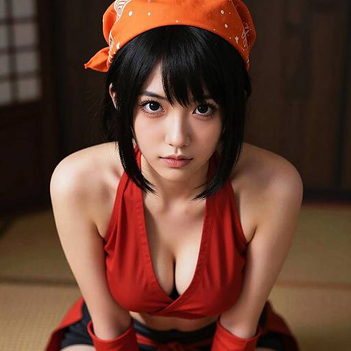 Digital illustration of an attractive young Asian woman with black hair, wearing a red bandana, revealing red top, and red gloves, sitting in a traditional