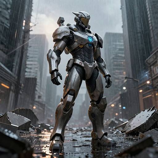 Photorealistic CGI of a silver, glowing-blue-eyed humanoid robot standing in a rainy, devastated city street with broken debris and tall skyscrapers.
