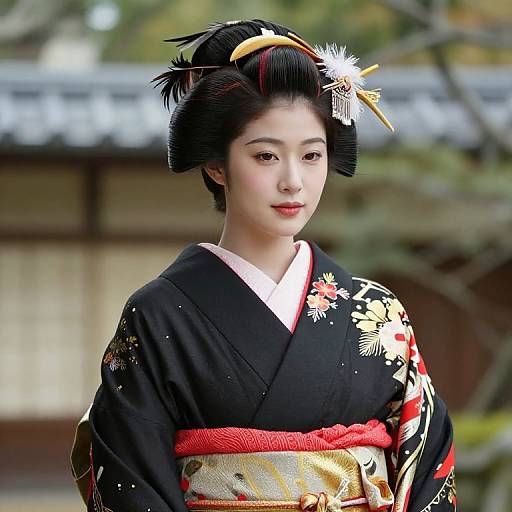 Elegant Female in Black Kimono