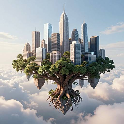 Photorealistic CGI of a floating cityscape with skyscrapers atop a massive, root-covered tree, surrounded by fluffy clouds and a bright blue sky