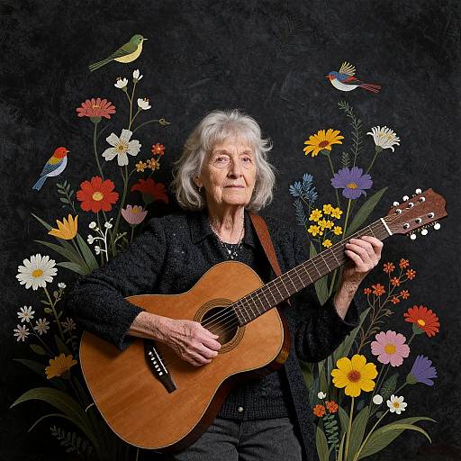 Photograph of an elderly woman with white hair playing a wooden guitar, surrounded by colorful paper flowers and birds against a dark background.