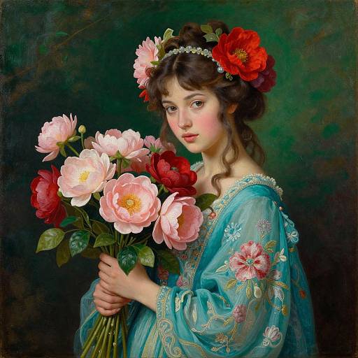 Digital painting of a young woman with curly brown hair, wearing a blue floral gown, holding a bouquet of pink and red roses, adorned with a flower
