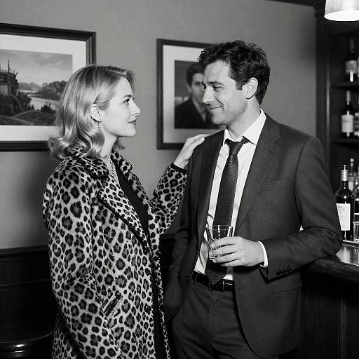 Black and white photo of stylish couple at bar