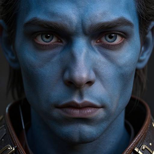 Close-up photograph of a serious, blue-painted man with intense green eyes, brown hair, and brown leather jacket with gold buttons.