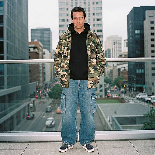 Photograph of a man with short dark hair, wearing a camouflage jacket, black hoodie, blue jeans, and black sneakers, standing on a balcony overlooking