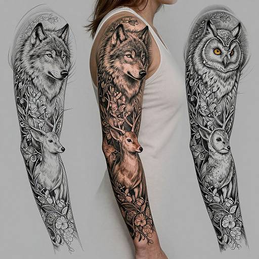 Photograph of a woman in a white tank top, showcasing a detailed black and gray tattoo sleeve featuring wolves, owls, and flowers on her right