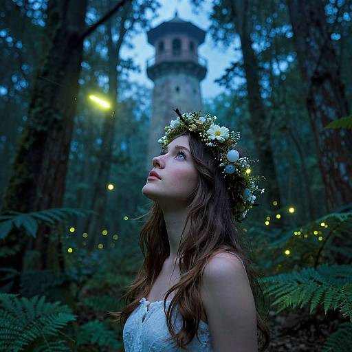 Young woman with long brown hair, flower crown, white dress, gazes up at a distant, dimly-lit forest tower with glowing fireflies
