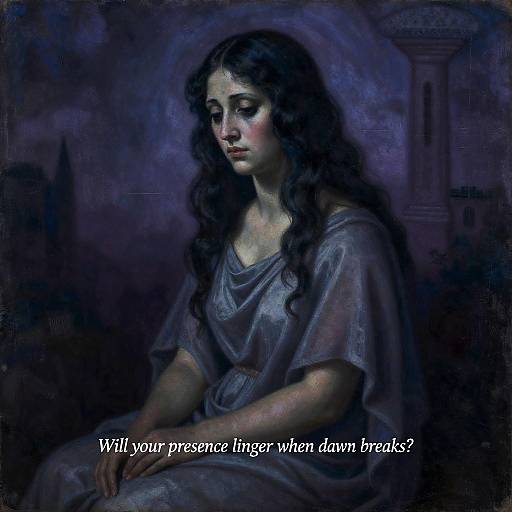 Digital painting of a melancholic, dark-haired woman in a blue, flowing robe, with somber eyes, set against a dark, mysterious background.