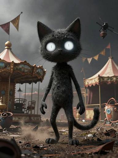Spooky Stylized Cat in Ruined Carnival