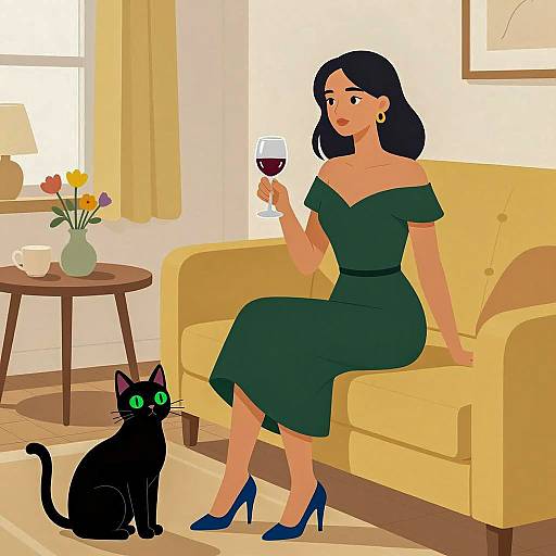 Elegant Woman with Cat and Wine