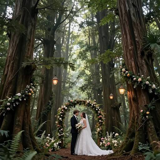 Photograph of a bride in a white gown and groom in a black suit kissing under a floral arch in a forest, surrounded by hanging lanterns and