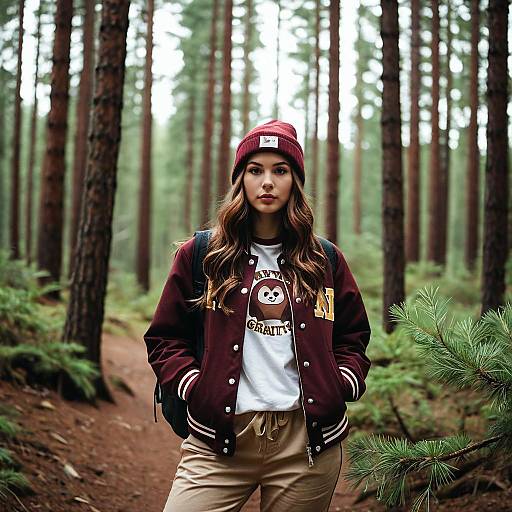 Young Woman in Maroon Varsity Jacket in Pine Forest