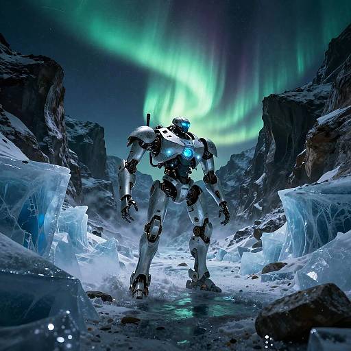 Luminous Mech in Aurora-Lit Polar Canyon