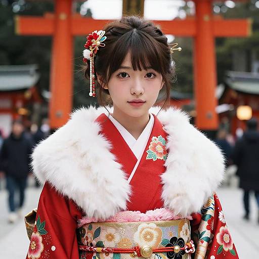 Photograph of a young Japanese woman in a red and white fur-trimmed kimono with floral patterns, standing in front of a vibrant orange tor