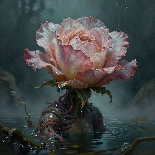 Digital painting of a pink rose with water droplets, blooming from a dark, twisted stem submerged in a misty, reflective water surface.