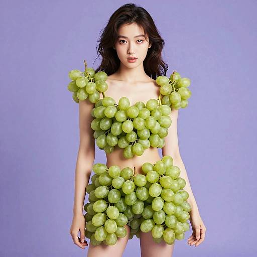 Photograph of an Asian woman with long dark hair, wearing a green grape bikini, covering her breasts and crotch with clusters of grapes, against a