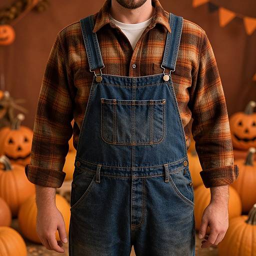 Photograph of a man in blue denim overalls, orange plaid shirt, white tee; background features blurred orange pumpkins and Halloween decorations.