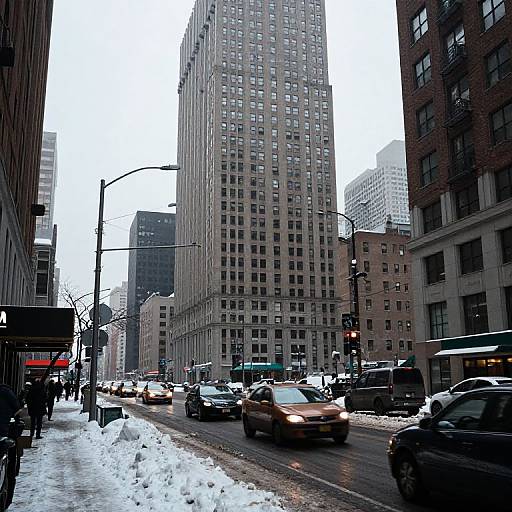 Photograph of a bustling urban street in winter; tall buildings, cars with headlights on, snow-covered sidewalks, overcast sky, and traffic lights.