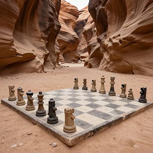 Photograph of a chessboard with black and white pieces set up in a narrow, red-rock canyon with smooth, towering walls.