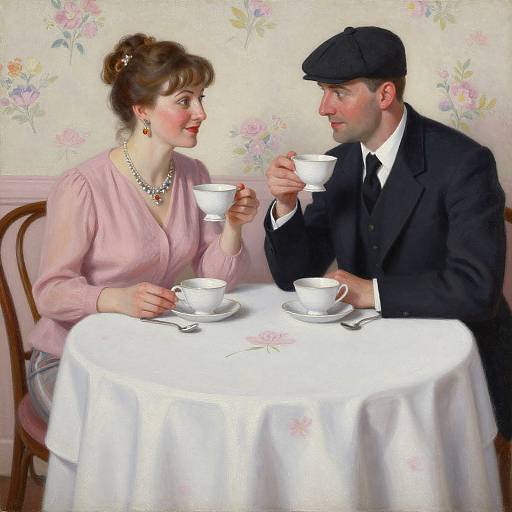 Photograph-style digital painting of a 1920s couple in elegant attire, sitting at a white-linen table, sipping tea, with floral