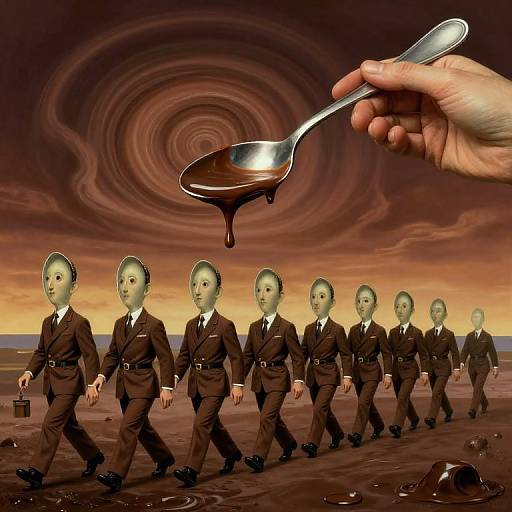 Digital art: Line of identical, Asian children in brown suits walking on a chocolate-covered desert, under a swirling, dark sky. A hand holds a