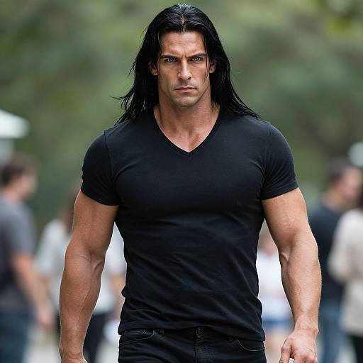 Photograph of a muscular man with long black hair, wearing a tight black V-neck t-shirt, standing outdoors with blurred greenery and people in the