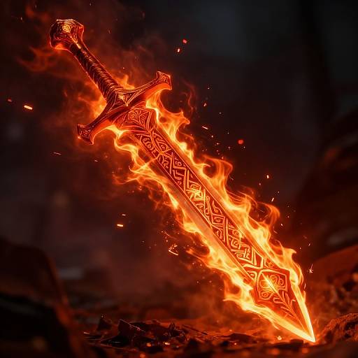 Photograph of a fiery, ornately patterned sword with glowing orange flames engulfing its blade, set against a dark, smoky background.