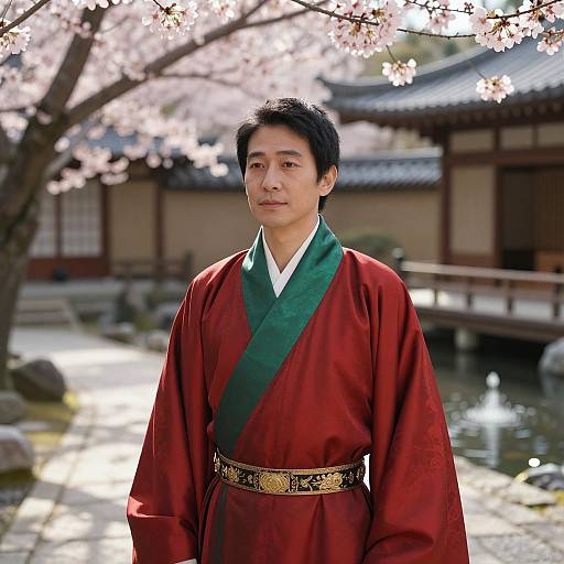 Photograph of a serious Asian man in a red kimono with green sash, standing under cherry blossom trees in a traditional Japanese garden.