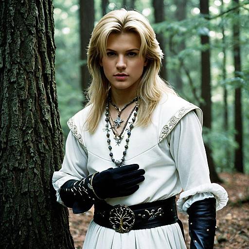 Young man in fantasy costume in forest