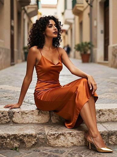 Mediterranean Woman in Satin Dress