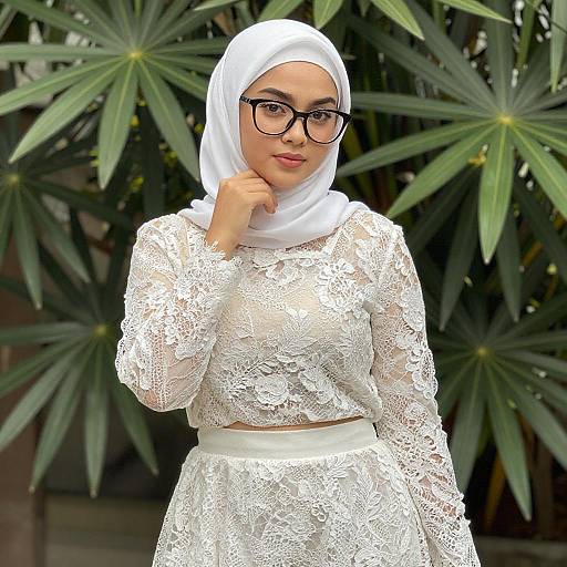 Young Woman in White Lace Hijab